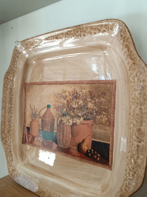 Porcelain serving platter with decoupage and enamel finish