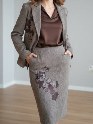 Pan Dim suit set like new, gray-beige with floral embroidery
