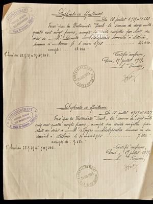 Westminster Bank γαλλικό κληρονομικό έγγραφο «Duplicata de Quittance», 1939