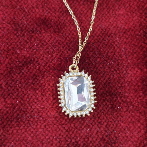 Stainless Steel Necklace with Rectangular Crystal and Strass Halo, Like New