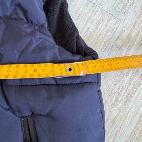 Look At Me sleeveless blue jacket with hood and zipper pockets, used, 12-13Y