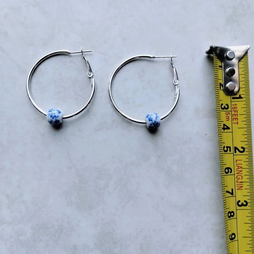 Hoops summer hoopies 4 cm earrings with porcelain blue and white beads like new
