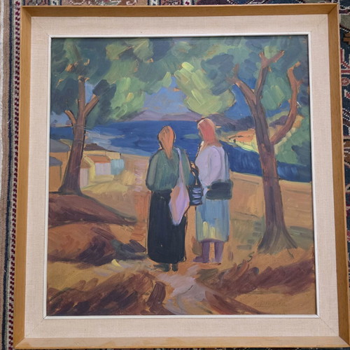 Panagis Gavrielatos oil painting like new, seaside village scene