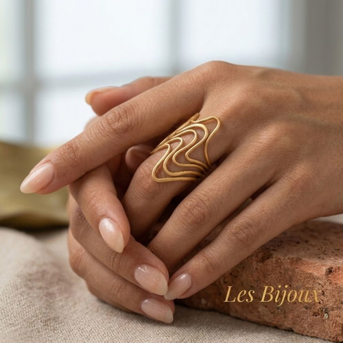 Steel Gold Wave Ring Adjustable by Les Bijoux