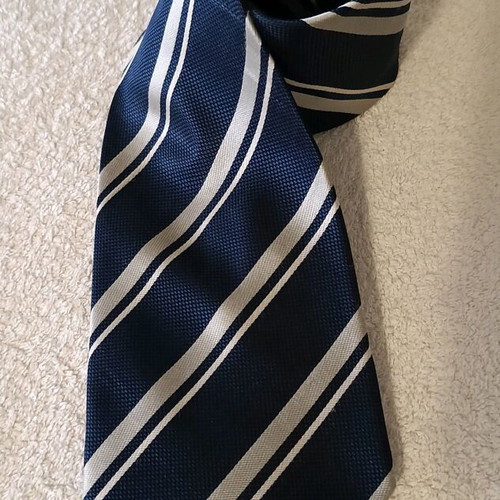 Luciano Soprani men's tie new, dark blue with gray stripes