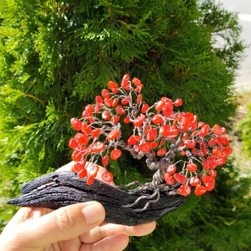 Handcrafted bonsai with red coral gemstones, new