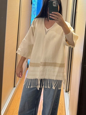 Mango ζακέτα-κιμονό με κρόσσια σαν καινούργιο, άσπρο και μπεζ