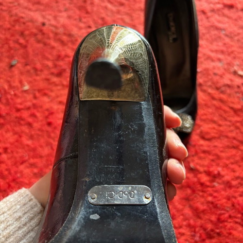 Peep toe pumps used, black with gold heel size 37