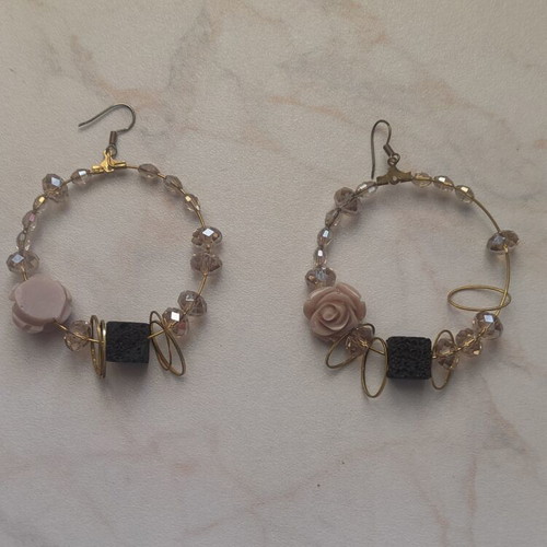 Handmade Boho Hoop Earrings with Rosettes and Lava Beads like new