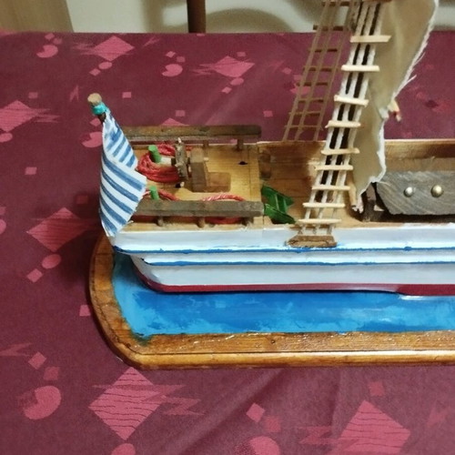 Handmade sailboat on base new with three masts