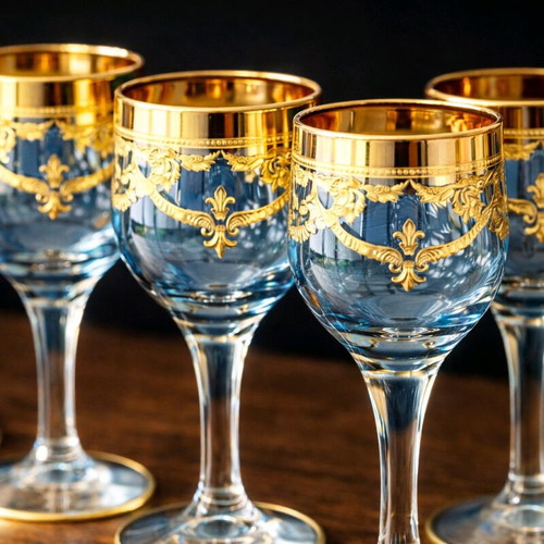 Vintage liqueur glasses set of 6 like new with blue glass and gold decoration
