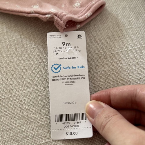 Carter’s baby sleep romper, pink, 100% cotton, new with tags