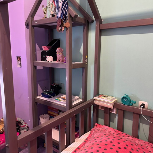 Montessori style children's bed and bookshelf set, gray wood