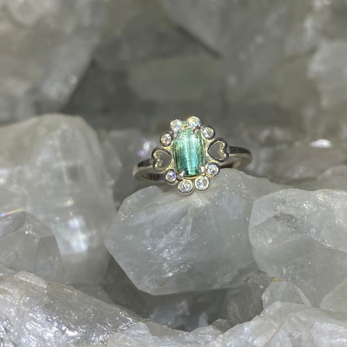 Silver ring with natural green tourmaline and moissanite, new