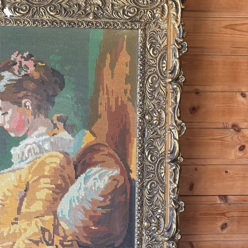 Embroidered antique textile painting used, framed 75x90cm