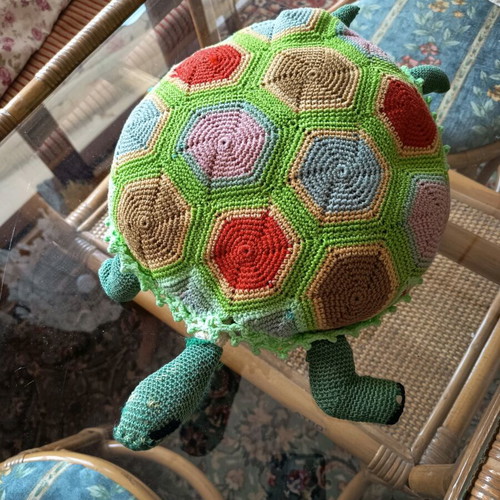 Knitted turtle pillow used, handmade decorative