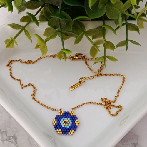 Handmade geometric evil eye necklace with Miyuki beads made to order