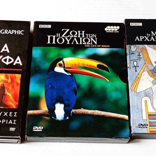 3 DVD box sets like new, Secrets of Egypt, The Life of Birds, Biblical Apocrypha
