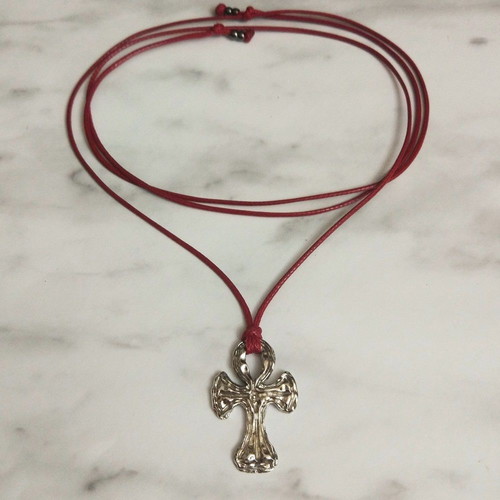 Men's pendant with Byzantine metal cross, red cord