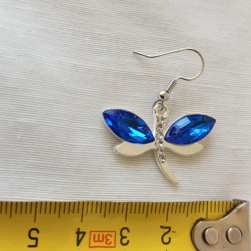 Dragonfly earrings new with blue crystals and silver stainless steel