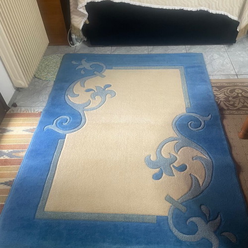 Embossed rug used, blue and beige, 1.97x1.40 m