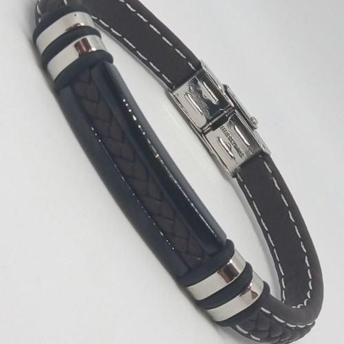 Men's Leather Bracelet with Stainless Steel and Tabac Leather New