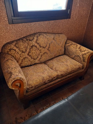 Set of two used velvet two-seater sofas made of solid mahogany