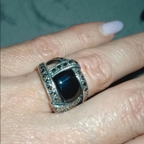 Art Deco silver 925 ring with marcasite and black zircon, cabochon onyx