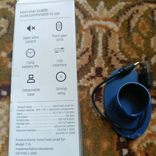 Handheld Fan rechargeable with stand and USB cable, blue