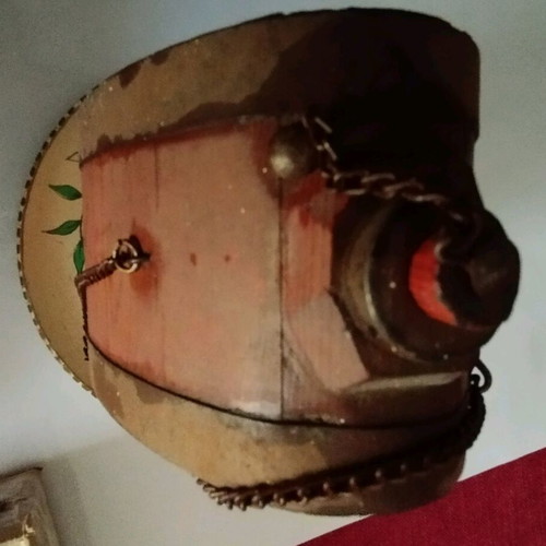 Antique flask used, wooden with metal bindings