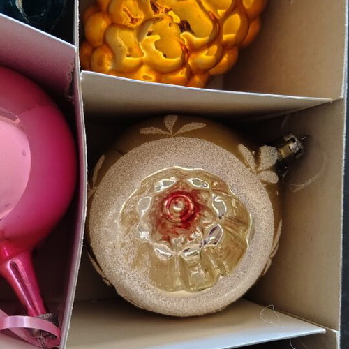 Vintage Christmas ornaments in original packaging