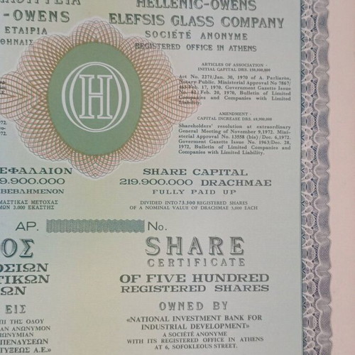 Shares set of four values like new, Hellenic Glassworks Elefsis 1970