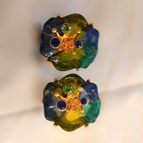Earrings new blue and green resin flower in gift box