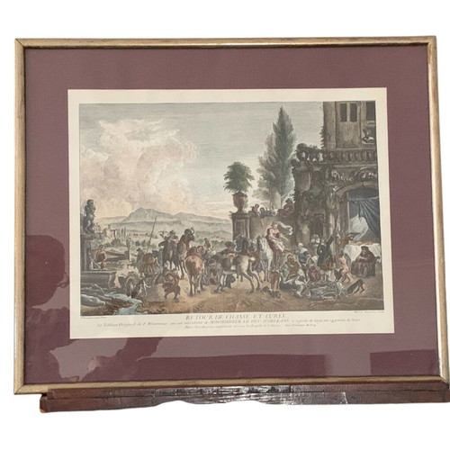 Retour de la chasse et curée engraving used by J. Moyreau in frame with glass