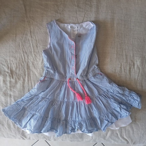 Summer sleeveless dress like new, blue and white stripes, pink cord