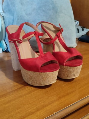 Red platform sandals with cork heel like new, size 38