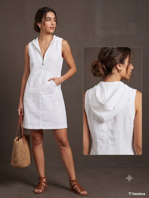 White Linen Mini Dress with Hood, Zipper & Kangaroo Pocket, Like New, S/M