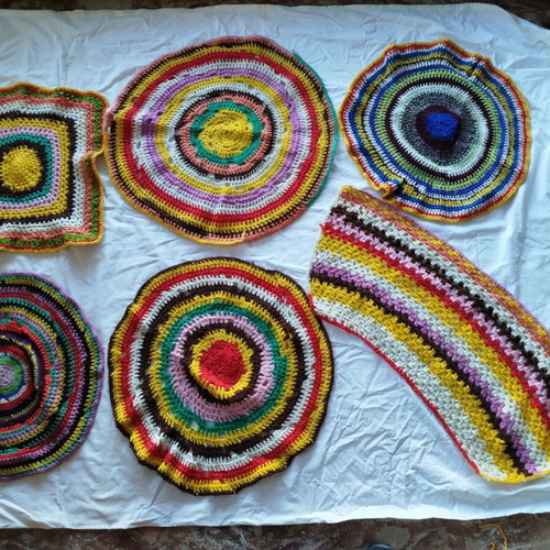 Crocheted table linens used, set of 6 colorful pieces