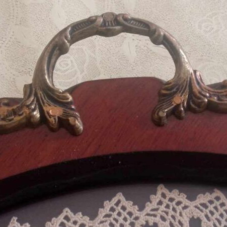 Wooden tray with handmade embroidery and brass handles like new