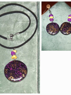 Handmade earrings and necklace set new with clay and gold leaf