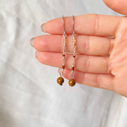 Handmade earrings with tiger eye beads, silver and brown