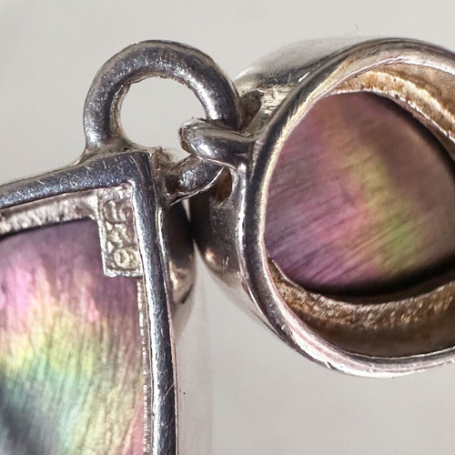 Vintage 925 Silver Pendant with Black Mother of Pearl Double Teardrop and Chain