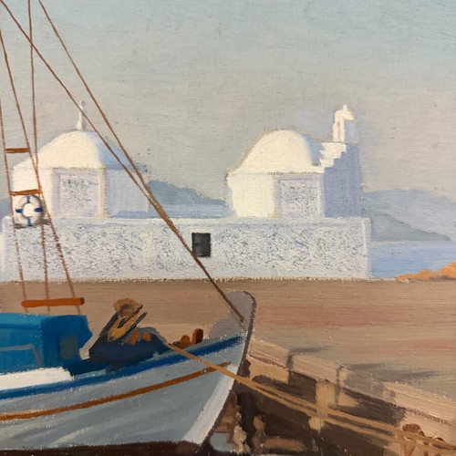 Oil painting by I. Sergoulopoulos used, framed, Aegina - Agios Nikolaos harbor