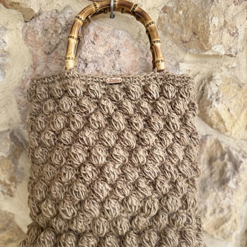 Handmade knitted Stella bag with bamboo handles, like new, beige and brown