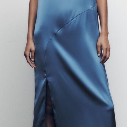 Zara long dress like new with side slit, blue satin