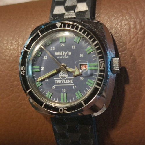 Vintage Willy’s Terylene ICI Diver watch, blue dial, 17 jewels