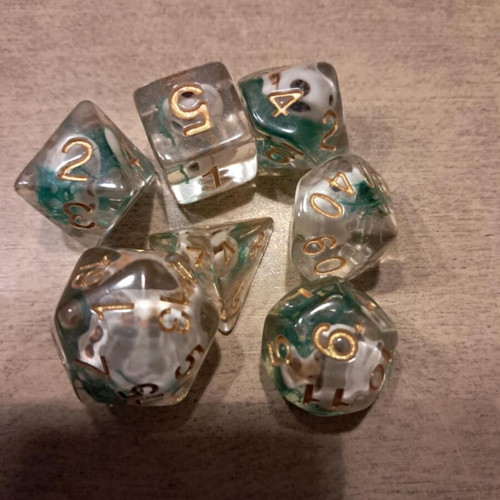 Skull with green leaf D&D dice set with bag