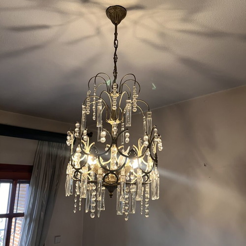 Bulgari crystal ceiling lights used with gold patina, two six-light and one single-light