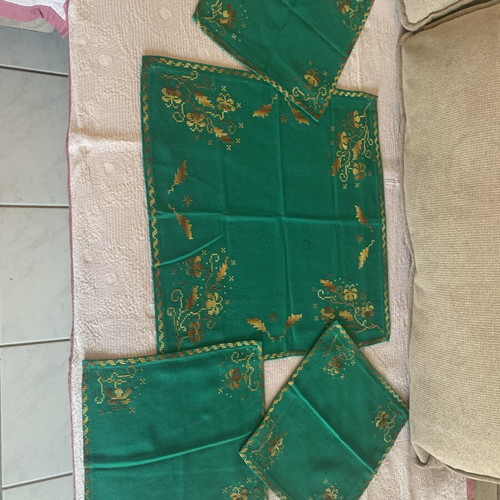 Vintage Handmade Cross-Stitch Table Set Like New