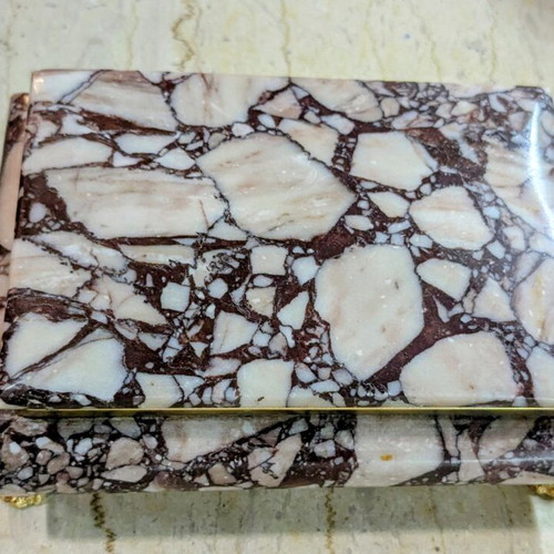 Vintage Italian Breccia marble jewelry box with brass details